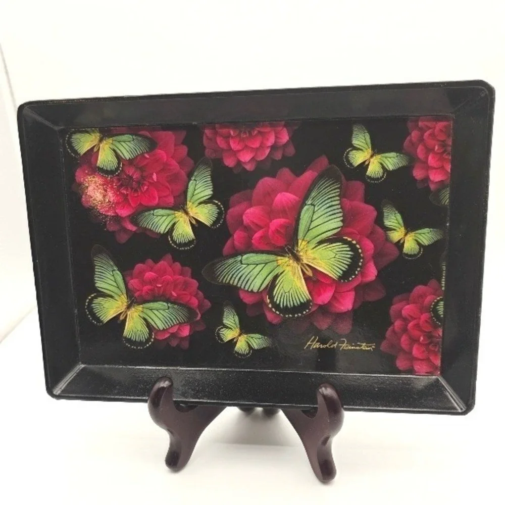 VTG Harold Feinstein Butterfly Floral Tray Trinket Dish Black‎ Pink 8